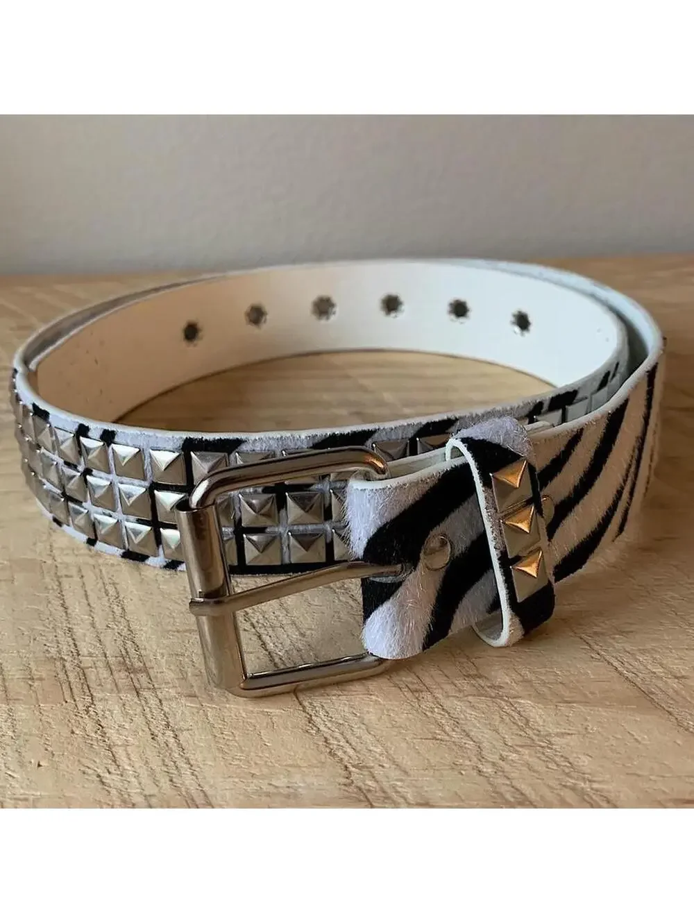 Y2k cyber 2000s style Zebra white fur studded silver belt. 42 inches